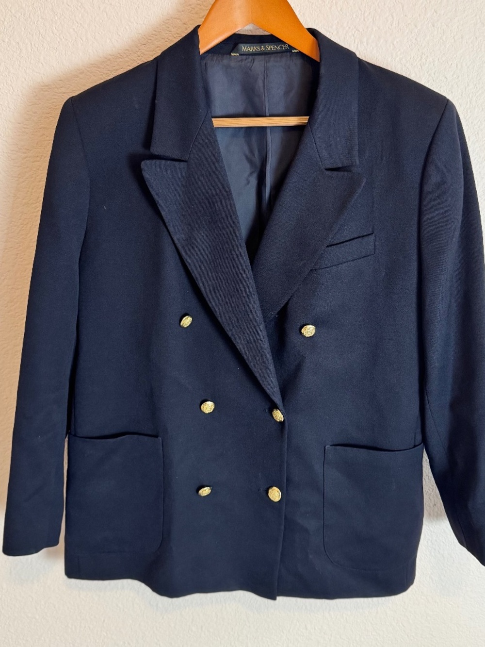 Classic vintage preppy Marks & Spencer double-breasted navy wool blazer Sz 8